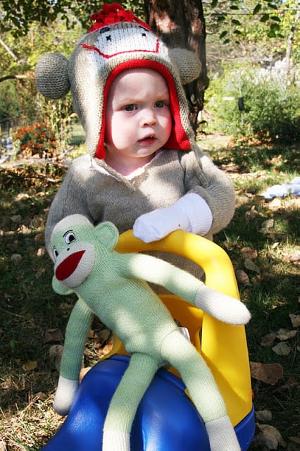 Searching for easy DIY Halloween Costumes: Look no further with this adorable sock monkey made out of a sweater!