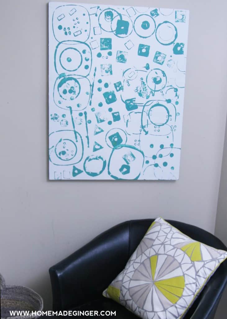 Create a found object painting with your kids by using objects around the house as stamps!