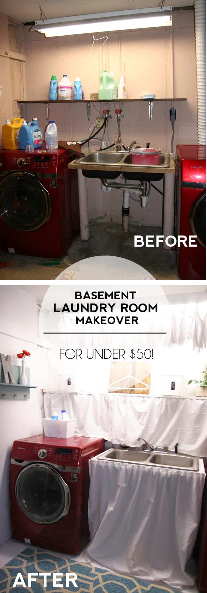 Basement Laundry Room Makeover! Transform your unfinished basement laundry room with a tiny budget using these laundry room ideas and DIY's!