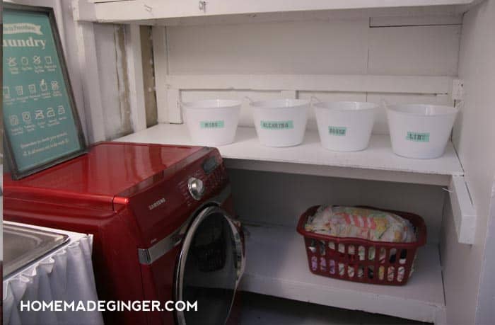 I just recently made over an unfinished basement laundry room for less than $100. Dollar store crafts like these DIY storage bins helped me save a ton!