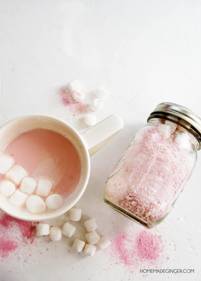Mix up some pink hot chocolate with just a few ingredients! This hot chocolate mix would make a cute gift in a mason jar!