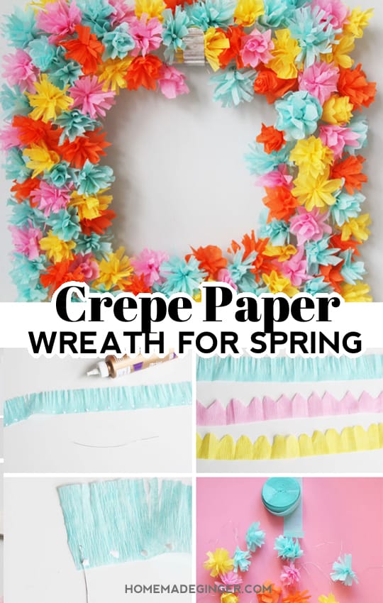 Make a beautiful paper flower wreath out of crepe paper. This is the perfect DIY spring wreath!