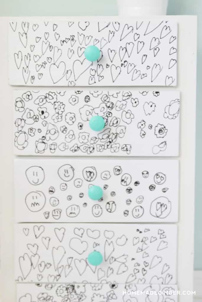 Take a kids drawing and transform a piece of furniture into something fun and funky. A great way to preserve child's artwork forever. Great for a nursery or child's room!
