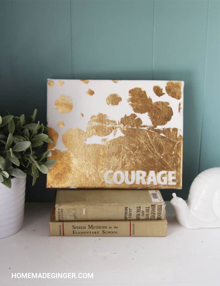 This DIY gold leaf canvas craft is easy to make. Create a custom word or quote to create a beautiful DIY gold leaf home decor piece!