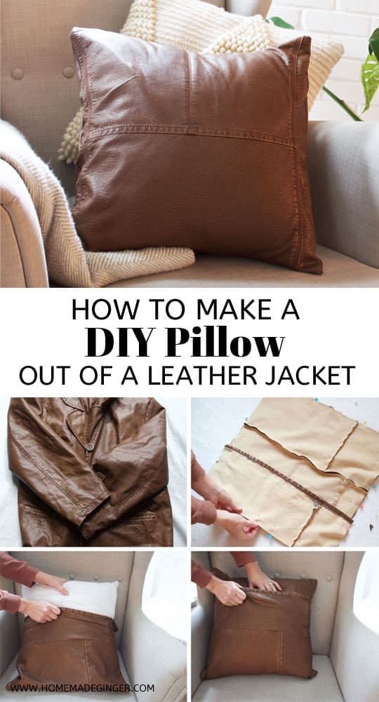 Turn a thrifted leather jacket into a DIY Leather Pillow. This DIY pillow tutorial is so simple for making some modern home decor pillows!